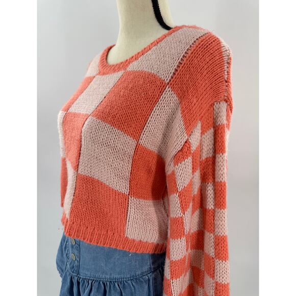 Princess Polly Orange Pink Check Sweater Balloon Sleeve Crop Top Small - Picture 3 of 7
